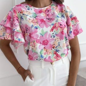 Crew Neck Short Sleeve Floral Regular Loose Shirt For Women, Blouses, color:Pink|size:XXL, catalog Noracora shop