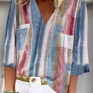 V Neck Three Quarter Sleeve Abstract Regular Loose Blouse For Women, Blouses, color:Multicolor|size:XXL, catalog Noracora shop