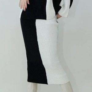 Color Block Urban Tight Midi Skirt, Knit Skirts, color:Black-white|size:XXL, Stylewe