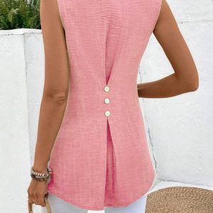 Notched Sleeveless Plain Buttoned Regular Loose TUNIC Shirt For Women, Tanks & Camis, color:Pink|size:XXL, catalog Noracora shop