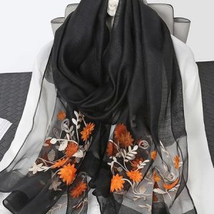 Elegant Floral Embroidery Imitation Silk Scarf, Scarves, color:Black|size:One-size, Stylewe