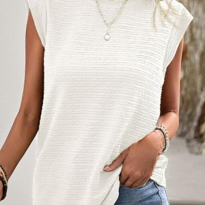 Crew Neck Cap Sleeve Plain Regular Regular Fit Shirt For Women, Blouses, color:White|size:XXL, catalog Noracora shop