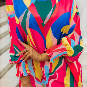 Crew Neck Long Sleeve Geometric Regular Loose Blouse For Women, Blouses, color:Multicolor|size:XXL, catalog Noracora shop
