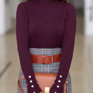 Plain Dailyl Buttoned Turtleneck Long Sleeve T-Shirt, Tees, color:As Picture|size:XXL, Stylewe