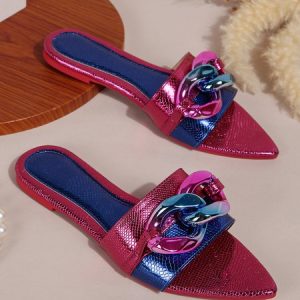 Colorblock Chain Decor Slide Sandals, Slippers, color:Rose Red|size:43, Stylewe