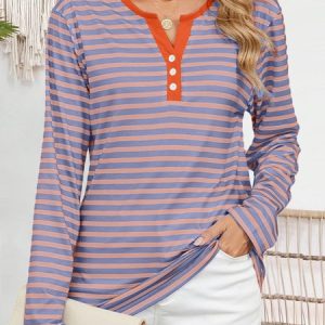 Casual Striped Notched Long Sleeve T-shirt, T-shirts, color:Dusty Pink|size:XXL, catalog Noracora shop