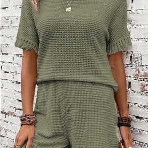 Women Plain Crew Neck Short Sleeve Comfy Casual Top With Pants Two-Piece Set, Sets, color:Army Green|size:XL, catalog Noracora shop