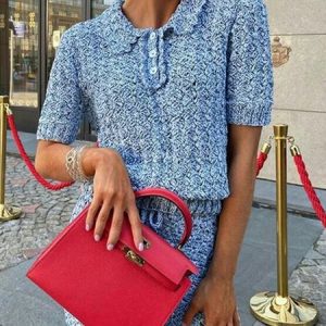 Short Sleeve Shirt Collar Plain Elegant Sweater, Pullovers, color:Blue|size:XXL, Stylewe