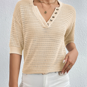 V Neck Short Sleeve Plain Buckle Regular Micro-Elasticity Loose Shirt For Women, Blouses, color:Apricot|size:XL, catalog Noracora shop