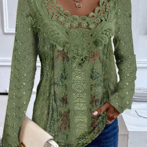 Crew Neck Long Sleeve Random Print Lace Regular Loose TUNIC Blouse For Women, Blouses, color:Green|size:XXL, catalog Noracora shop