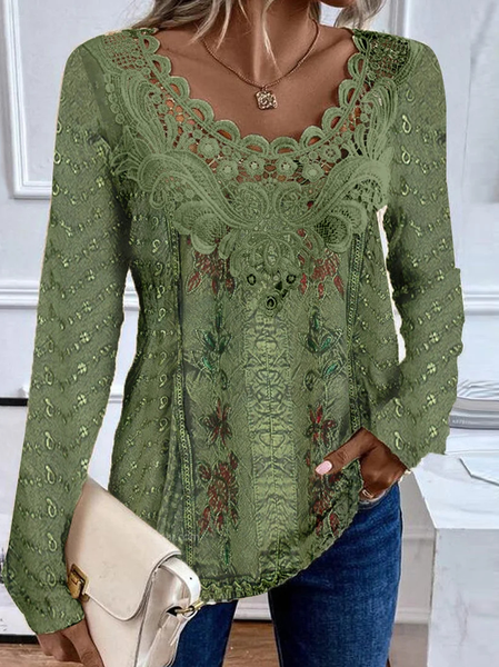 Women's Long Sleeve Blouse Spring/Fall Random Print Lace Jersey Crew Neck Daily Going Out Casual Top Green, JustFashionNow Shirts & Blouses, color:Green|size:XXL,