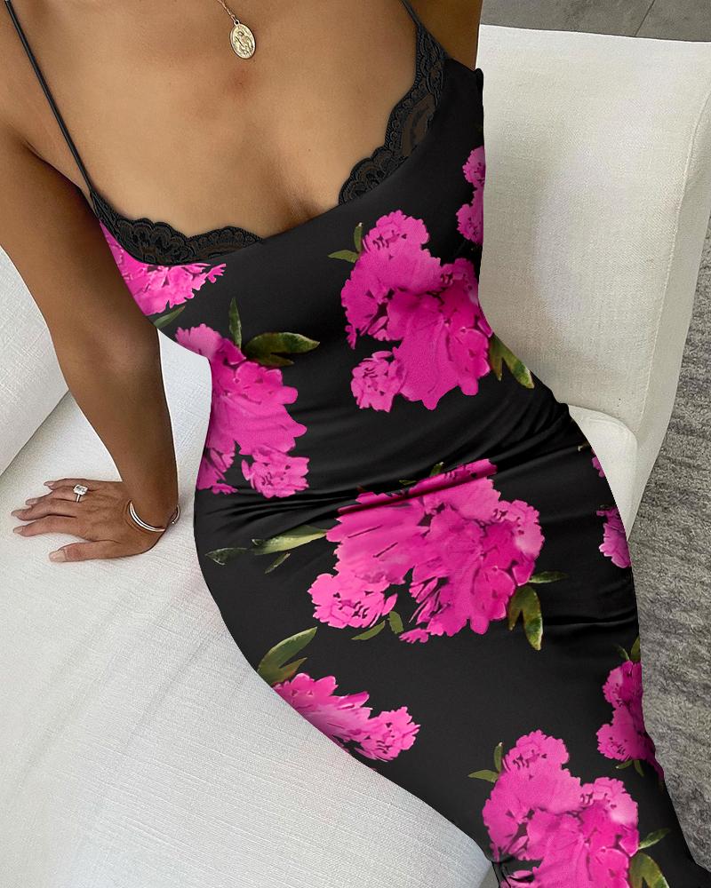 Floral Print Lace Trim Spaghetti Strap Bodycon Dress, Bodycon Dresses, ChicMe catalog