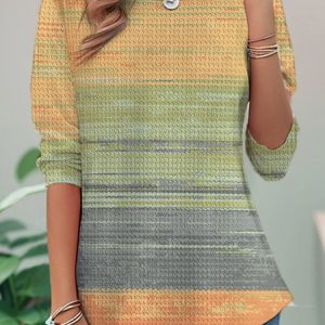 Casual Striped Crew Neck Long Sleeve T-shirt, T-shirts, color:Yellow|size:XXL, catalog Noracora shop