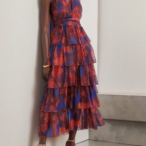 Women Floral Halter Sleeveless Comfy Casual Maxi Dress, Dresses, color:Red|size:L, catalog Noracora shop
