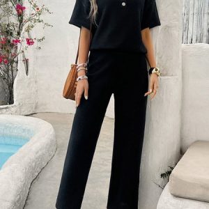 Women Plain Crew Neck Short Sleeve Comfy Casual Top With Skirt Two-Piece Set, Sets, color:Black|size:XL, catalog Noracora shop