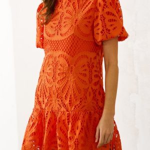 Women Plain Stand Collar Short Sleeve Comfy Casual Short Dress, Short, color:Orange|size:XXL, catalog Noracora shop