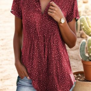 Shirt Collar Short Sleeve Polka Dots Regular Loose TUNIC Blouse For Women, Blouses, color:Red|size:XXL, catalog Noracora shop