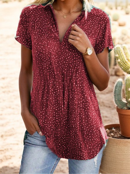 Women's Short Sleeve Blouse Summer Polka Dots Cotton Shirt Collar Daily Going Out Casual Top Green, JustFashionNow Blouses, color:Red|size:XXL,