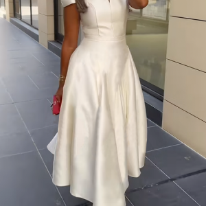 Regular Fit Elegant Short Sleeve Plain Maxi Dress, Maxi Dresses, color:White|size:XXL, Stylewe
