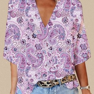 Casual Paisley V Neck Three Quarter Sleeve T-shirt, T-shirts, color:Purple|size:XXL, catalog Noracora shop
