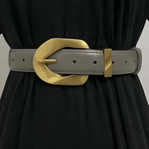Ladies Leather Large Metal Buckle Belt, Belts, color:Deep Gray|size:One-size, Stylewe