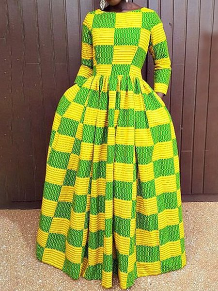 Regular Sleeve Pocket Stitching Geometric Urban Crew Neck Dress, Maxi Dresses, color:As Picture|size:XXL, Stylewe