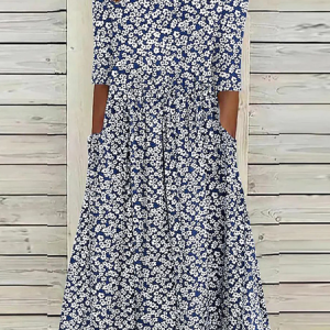 Women Ditsy Floral Crew Neck Half Sleeve Comfy Casual Midi Dress, Dresses, color:Blue|size:XXL, catalog Noracora shop