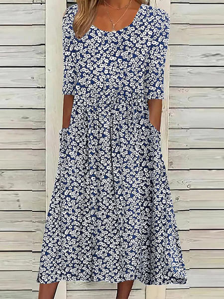 Women's Half Sleeve Summer Ditsy Floral Dress Crew Neck Daily Going Out Casual Midi H-Line Blue, JustFashionNow Dresses, color:Blue|size:XXL,