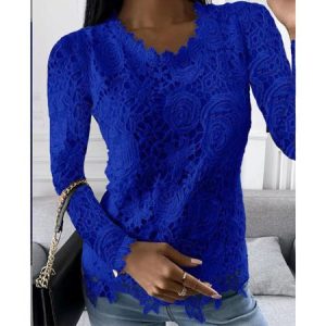 Women's Long Sleeve Blouse Spring/Fall Plain Lace Daily Going Out Casual Top, JustFashionNow Shirts, color:Blue|size:5XL,