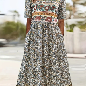 Women Floral Crew Neck Short Sleeve Comfy Casual Maxi Dress, Midi, color:Multicolor|size:XXL, catalog Noracora shop