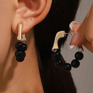 1pair Elegant Beaded Hoop Earrings, Earring, color:Black|size:One-size, catalog Noracora shop