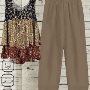 Women Ditsy Floral Crew Neck Sleeveless Comfy Casual Top With Pants Two-Piece Set, Sets, color:Khaki|size:XXL, catalog Noracora shop