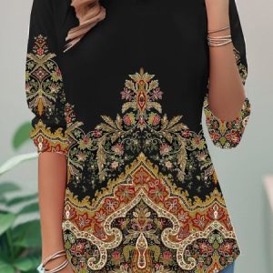Casual Ethnic Crew Neck Long Sleeve T-shirt, T-shirts, color:Black|size:XXL, catalog Noracora shop