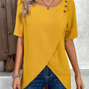 Crew Neck Short Sleeve Plain Buckle Regular Loose Blouse For Women, Blouses, color:Yellow|size:XXL, catalog Noracora shop