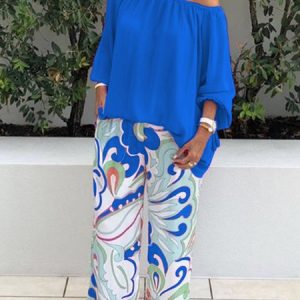 Women Floral Long Sleeve Comfy Casual Top With Pants Two-Piece Set, Sets, color:Deep Blue|size:3XL, catalog Noracora shop