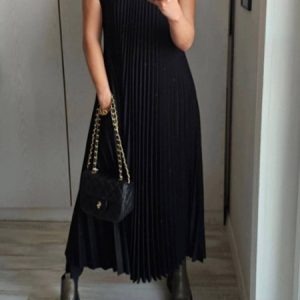 Women Plain Crew Neck Sleeveless Comfy Casual Maxi Dress, Midi, color:Black|size:3XL, catalog Noracora shop
