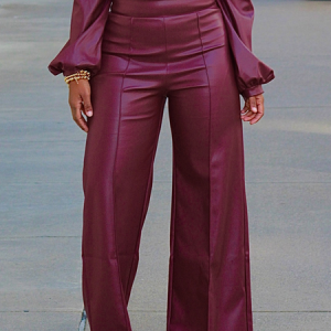 PU Loose Elegant Plain Faux Leather Long Pants Straight pants, Pants, color:As Picture|size:XXL, Stylewe