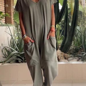 Women Short Sleeve V Neck Regular Fit Long Daily Casual Plain Natural Jumpsuit, Jumpsuits&Rompers, color:Army Green|size:5XL, catalog Noracora shop
