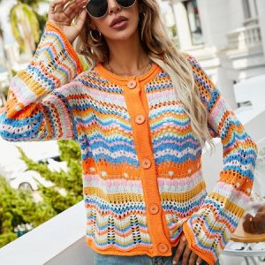 Women Wool/Knitting Striped Long Sleeve Comfy Casual Cardigan, Sweaters, color:Orange|size:XL, catalog Noracora shop
