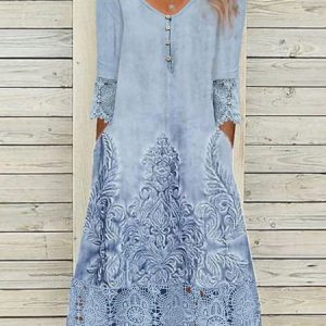 Women Random Print Asymmetrical Long Sleeve Comfy Casual Lace Maxi Dress, Maxi, color:Blue|size:XXL, catalog Noracora shop