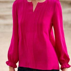 Notched Long Sleeve Plain Regular Loose Shirt For Women, Blouses, color:Wine Red|size:XXL, catalog Noracora shop