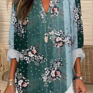 Notched Long Sleeve Floral Regular Loose Blouse For Women, Blouses, color:Green|size:3XL, catalog Noracora shop