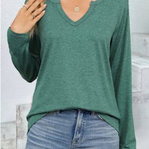 Casual Plain Notched Long Sleeve T-shirt, T-shirts, color:darkgreen|size:XXL, catalog Noracora shop