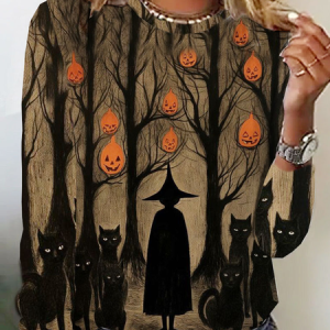 Casual Halloween Crew Neck Long Sleeve T-shirt, T-shirts, color:Brown|size:XXL, catalog Noracora shop