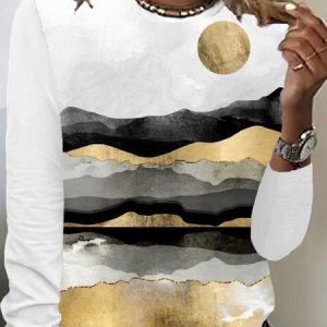 Casual Landscape Painting Crew Neck Long Sleeve T-shirt, T-shirts, color:White|size:XXL, catalog Noracora shop