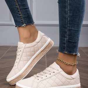 Casual Plaid Quilted Lace-Up Skate Shoes, Flats, color:Apricot|size:41, Stylewe