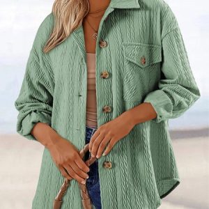 Women's Plain Shirt Jacket Jacquard Regular Loose Jacket, Jackets, color:Green|size:XXL, catalog Noracora shop