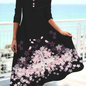 Women Floral V Neck Three Quarter Sleeve Comfy Casual Maxi Dress, Dresses, color:Black|size:3XL, catalog Noracora shop