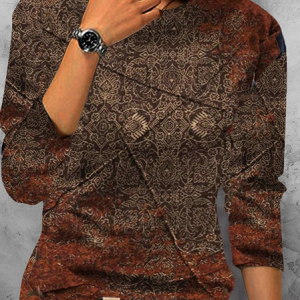 Casual Ethnic Crew Neck Long Sleeve T-shirt, T-shirts, color:Brown|size:3XL, catalog Noracora shop