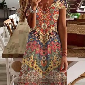 Women Ethnic V Neck Short Sleeve Comfy Casual Mini Dress, Short, color:Multicolor|size:XXL, catalog Noracora shop